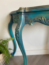 Load image into Gallery viewer, Ornate curved console table, blue, turquoise
