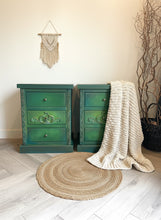 Load image into Gallery viewer, Vintage pine pair of bedside drawers, hand painted green and gold
