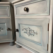 Load image into Gallery viewer, Pair of pine bedside cabinets, cream &amp; duck egg
