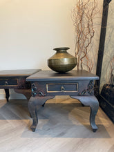 Load image into Gallery viewer, Vintage hand-painted side tables. Pair of french style bedside tables. Metallic finish
