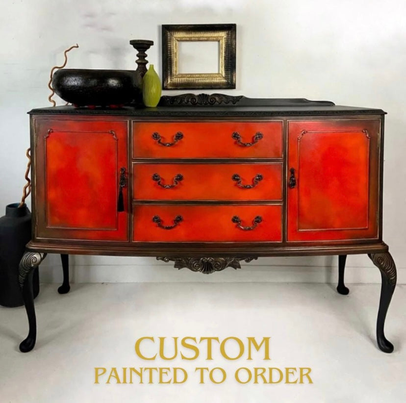 Vintage sideboard Queen Anne legs, black, red and orange