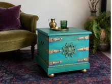 Load image into Gallery viewer, Hand Painted Vintage Storage Chest Coffee Table | Green Turquoise Blanket Box | Upcycled Wooden Trunk

