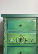 Load image into Gallery viewer, Vintage pine pair of bedside drawers, hand painted green and gold
