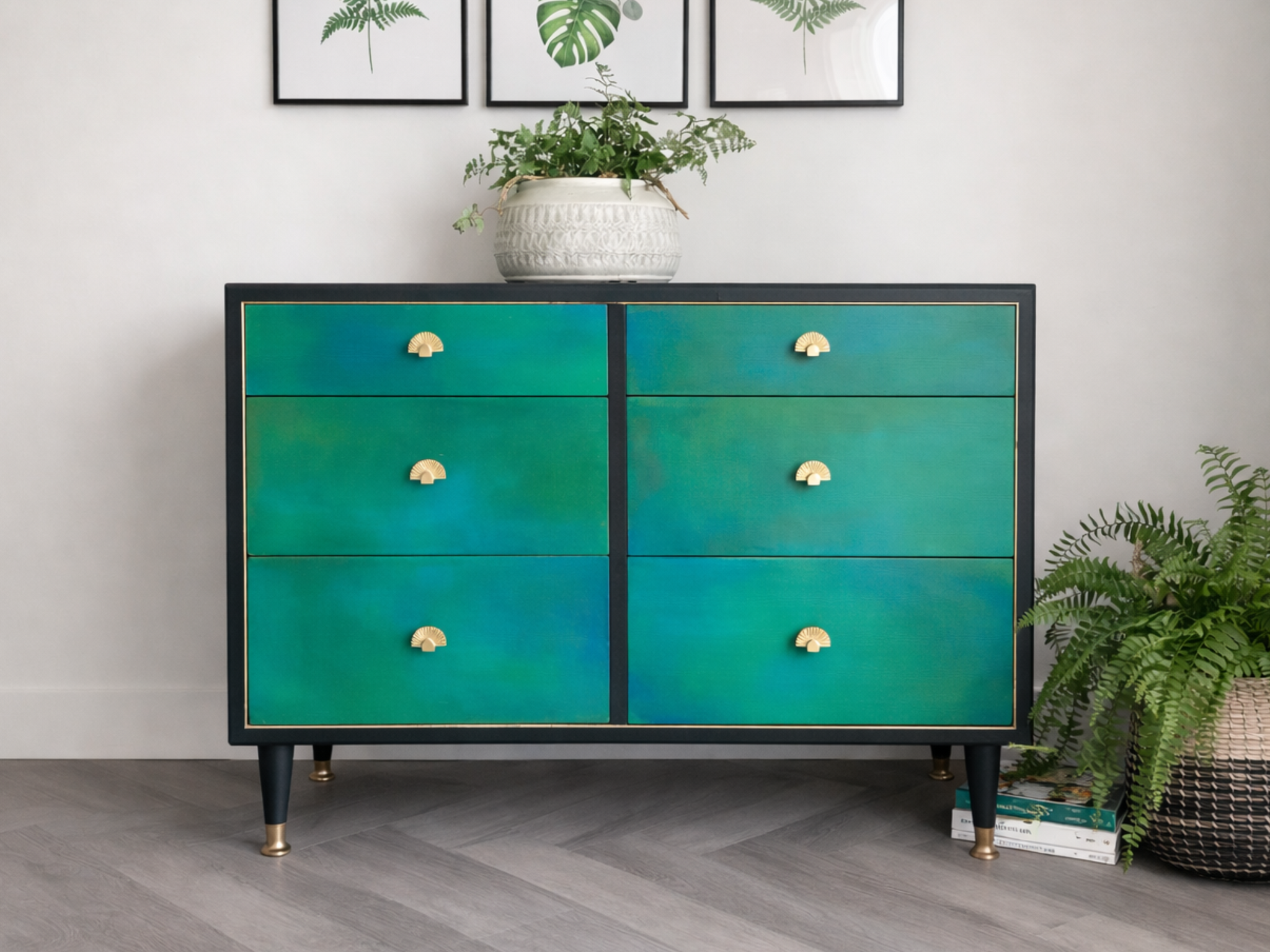 Mid-century low chest of drawers, dresser, green – Mckay Designs