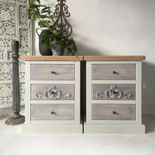 Load image into Gallery viewer, Pair of pine bedside drawers, cream/grey
