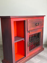 Load image into Gallery viewer, Boho style, hand painted slim cabinet. Red/orange solid wood console
