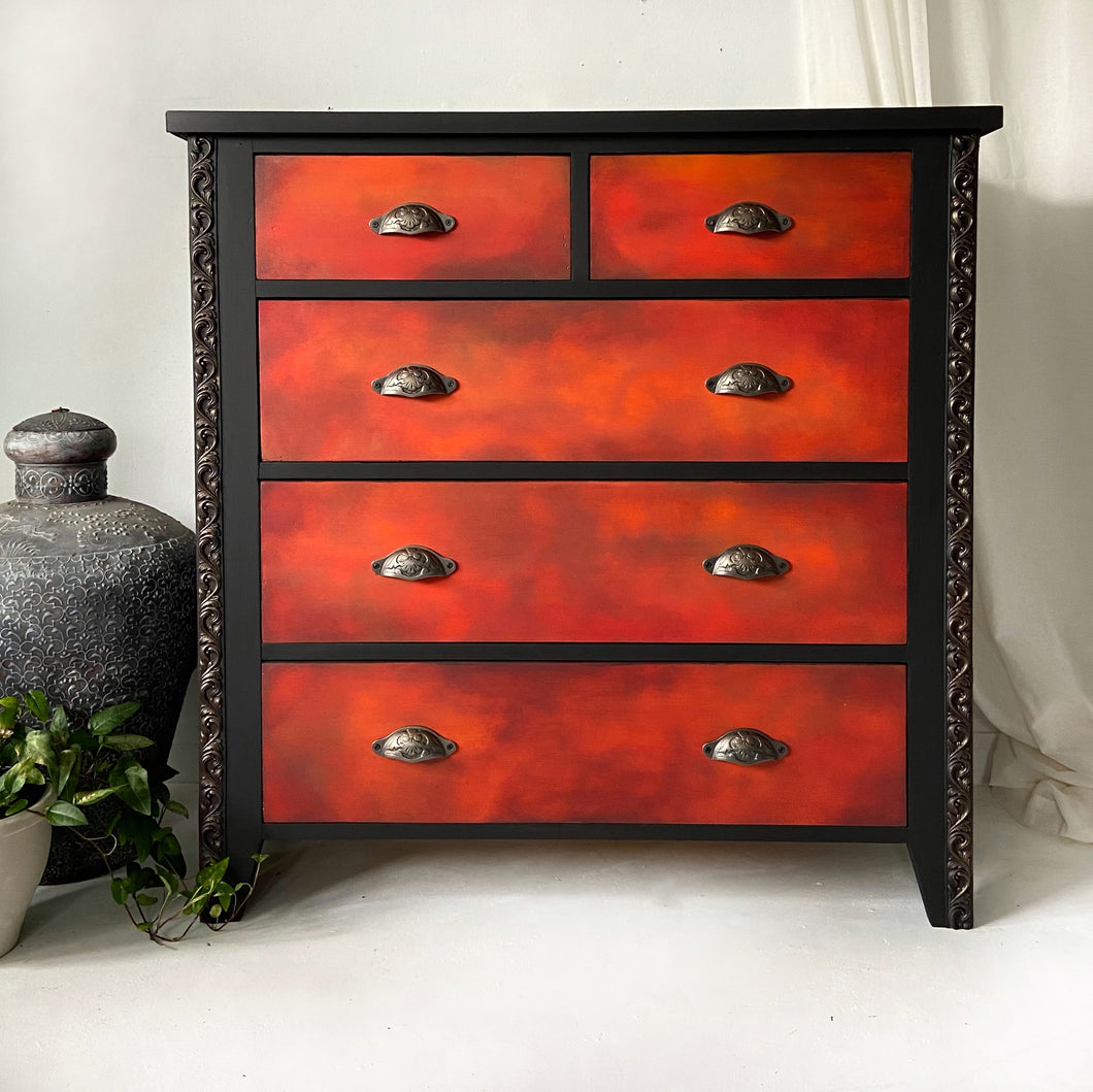 Large chest of drawers, red, orange & black