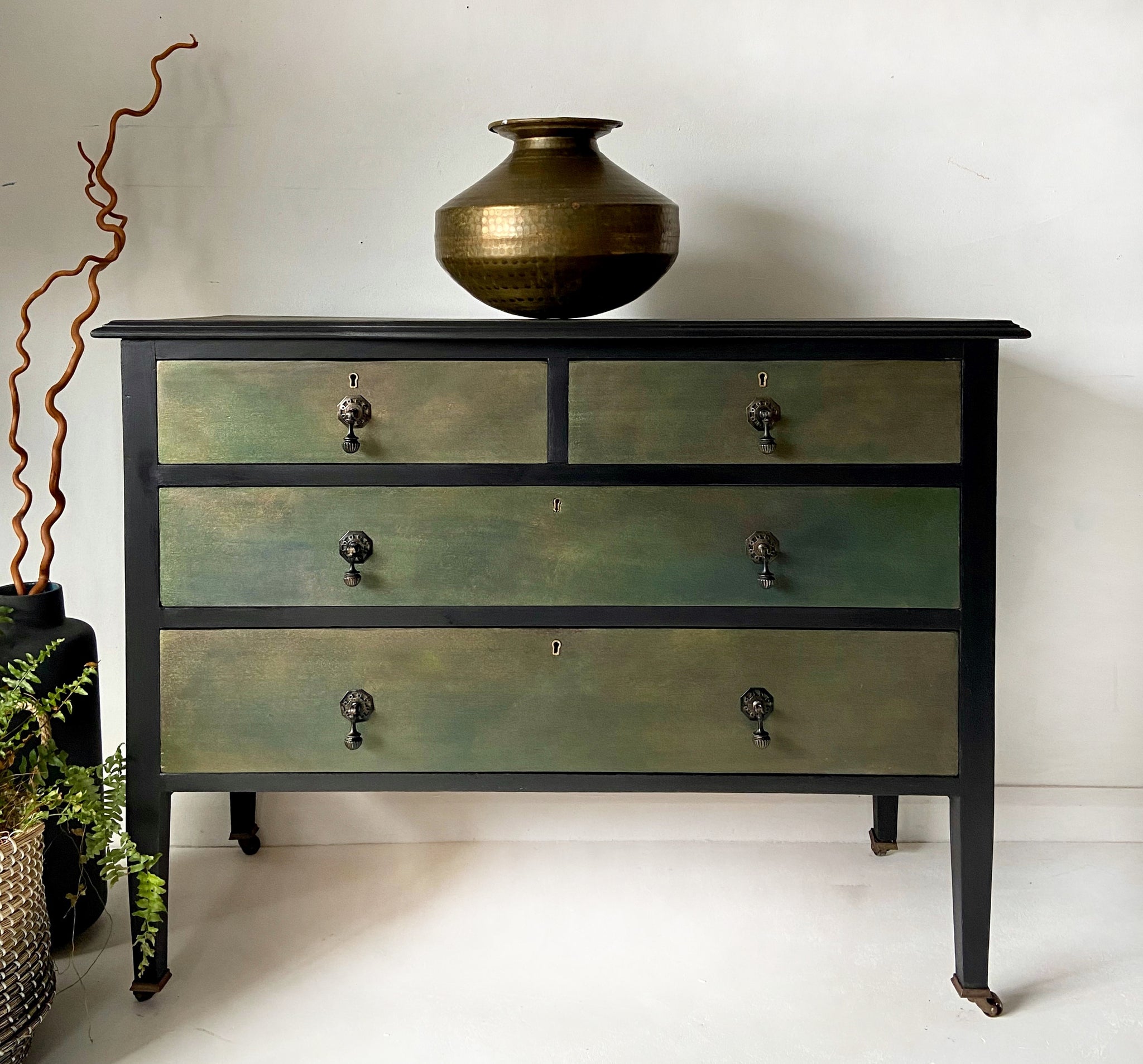 Vintage mahogany chest of drawers, black bronze/green – Mckay Designs