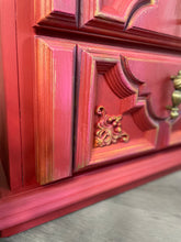 Load image into Gallery viewer, Hand painted boho bedside cabinet. Red pink drawers, Moroccan style
