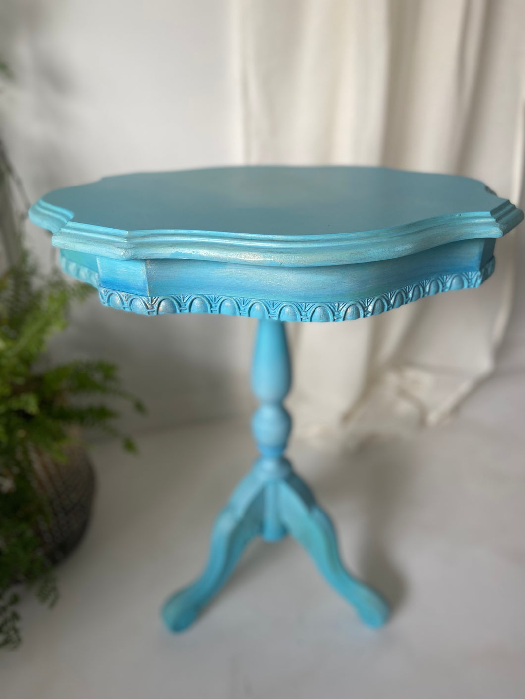 Ornate vintage small side table, blue