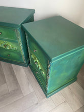 Load image into Gallery viewer, Vintage pine pair of bedside drawers, hand painted green and gold
