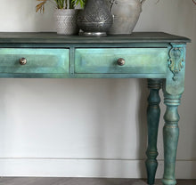 Load image into Gallery viewer, Hand painted vintage pine console table, green &amp; bronze, textured
