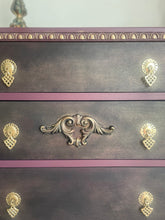 Load image into Gallery viewer, Vintage Hand Painted Chest of Drawers – Burgundy &amp; Gold Ornate Dresser, Upcycled Antique Style Furniture, Unique Boho Statement Storage
