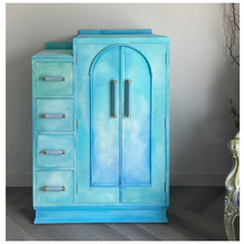 Load image into Gallery viewer, Art Deco small oak wardrobe with drawers, turquoise
