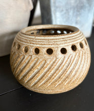 Load image into Gallery viewer, Vintage Studio Pottery Tealight Holder, Pierced Stoneware Candle Votive, Speckled Cream Ceramic Pot
