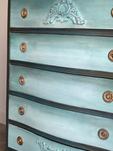 Load image into Gallery viewer, Hand Painted Vintage Mahogany Chest of Drawers | Bow Fronted, Deep Green, Blue &amp; Metallic Highlights
