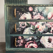 Load image into Gallery viewer, Vintage Hand Painted Floral Chest of Drawers, Deep Green Statement Furniture, Mid Century Dresser
