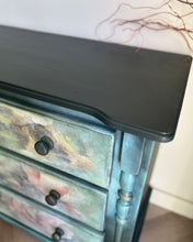Load image into Gallery viewer, Hand painted pine chest of drawers, dark green and floral
