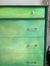 Load image into Gallery viewer, Hand Painted Green Chest of Drawers – Upcycled Furniture with Gold Legs – Unique Storage for Modern Homes
