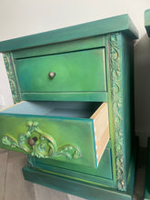 Load image into Gallery viewer, Vintage pine pair of bedside drawers, hand painted green and gold
