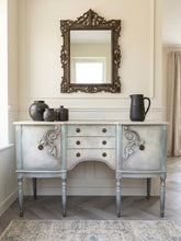 Load image into Gallery viewer, Vintage Hand Painted Sideboard in Beige, Seafoam &amp; Grey, Ornate French Style Cabinet, Statement Hallway Table Storage Unit
