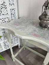 Load image into Gallery viewer, Vintage oak side table, sage green, floral top
