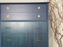 Load image into Gallery viewer, Vintage Limelight Chest of Drawers – Hand-Finished in Custom Blue Teal | Restored Mid-Century Storage | Gold Accents | Unique Bedroom Furniture
