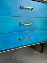 Load image into Gallery viewer, Hand Painted Chest of Drawers | Ombre Blue Mid Century Modern Furniture | Upcycled Vintage Storage

