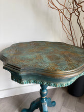 Load image into Gallery viewer, Hand Painted Pedestal Side Table | Vintage Boho Accent Table | Turquoise &amp; Bronze Patina Finish | Ornate Floral Top | Small Entryway Table
