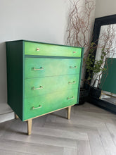 Load image into Gallery viewer, Hand Painted Green Chest of Drawers – Upcycled Furniture with Gold Legs – Unique Storage for Modern Homes
