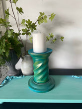 Load image into Gallery viewer, Wooden candle holder, hand painted green &amp; turquoise
