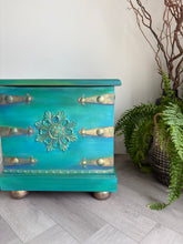 Load image into Gallery viewer, Hand Painted Vintage Storage Chest Coffee Table | Green Turquoise Blanket Box | Upcycled Wooden Trunk
