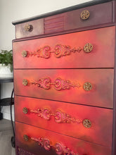 Load image into Gallery viewer, Vintage Stag Chest of Drawers Hand Painted Boho Blends, Orange &amp; Red
