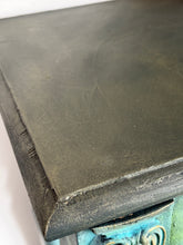 Load image into Gallery viewer, Hand painted vintage pine console table, green &amp; bronze, textured
