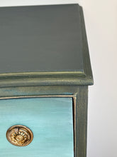 Load image into Gallery viewer, Hand Painted Vintage Mahogany Chest of Drawers | Bow Fronted, Deep Green, Blue &amp; Metallic Highlights

