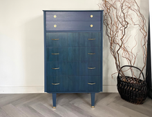Load image into Gallery viewer, Vintage Limelight Chest of Drawers – Hand-Finished in Custom Blue Teal | Restored Mid-Century Storage | Gold Accents | Unique Bedroom Furniture

