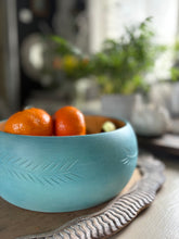 Load image into Gallery viewer, Turquoise Wooden Bowl Hand Painted Fruit Bowl Rustic Farmhouse Decor Carved Wood Centerpiece Boho Kitchen Table Decor Gift
