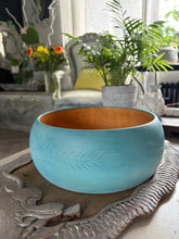 Load image into Gallery viewer, Turquoise Wooden Bowl Hand Painted Fruit Bowl Rustic Farmhouse Decor Carved Wood Centerpiece Boho Kitchen Table Decor Gift
