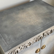 Load image into Gallery viewer, Vintage vinyl record cabinet, beige &amp; grey painted

