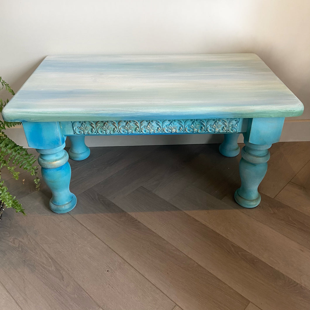 Vintage low coffee table, turquoise, blue & white boho style