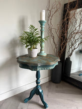 Load image into Gallery viewer, Hand Painted Pedestal Side Table | Vintage Boho Accent Table | Turquoise &amp; Bronze Patina Finish | Ornate Floral Top | Small Entryway Table
