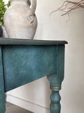 Load image into Gallery viewer, Hand painted vintage pine console table, green &amp; bronze, textured
