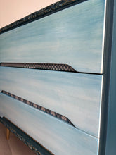 Load image into Gallery viewer, Mid century chest of drawers, blue &amp; teal boho style

