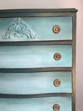 Load image into Gallery viewer, Hand Painted Vintage Mahogany Chest of Drawers | Bow Fronted, Deep Green, Blue &amp; Metallic Highlights
