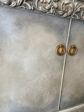 Load image into Gallery viewer, Vintage vinyl record cabinet, beige &amp; grey painted
