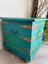 Load image into Gallery viewer, Hand Painted Vintage Storage Chest Coffee Table | Green Turquoise Blanket Box | Upcycled Wooden Trunk
