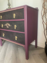 Load image into Gallery viewer, Vintage Hand Painted Chest of Drawers – Burgundy &amp; Gold Ornate Dresser, Upcycled Antique Style Furniture, Unique Boho Statement Storage
