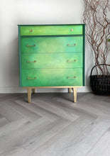 Load image into Gallery viewer, Hand Painted Green Chest of Drawers – Upcycled Furniture with Gold Legs – Unique Storage for Modern Homes

