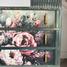 Load image into Gallery viewer, Vintage Hand Painted Floral Chest of Drawers, Deep Green Statement Furniture, Mid Century Dresser
