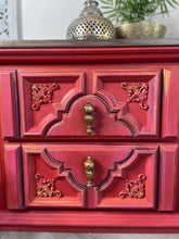 Load image into Gallery viewer, Hand painted boho bedside cabinet. Red pink drawers, Moroccan style
